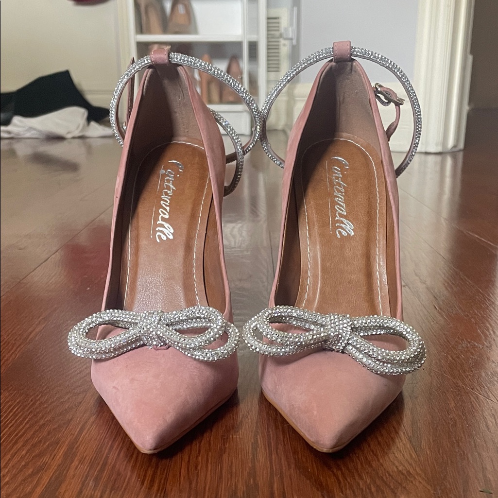 L'intervalle Blush Pink Suede Pointed Heels With Crystal Bow